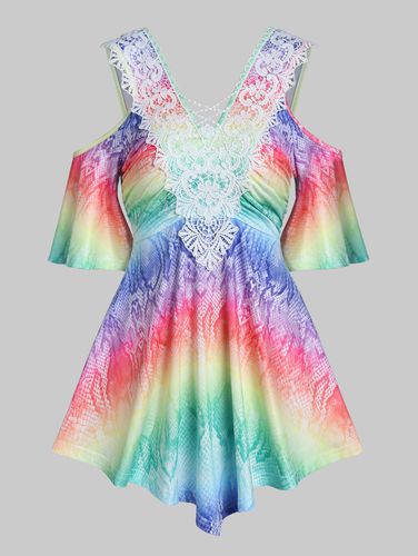 Women Colorful Rainbow Print T Shirt Cold Shoulder Flower Crochet Lace Summer Tee Clothing Xxxl - DressLily.com - Modalova