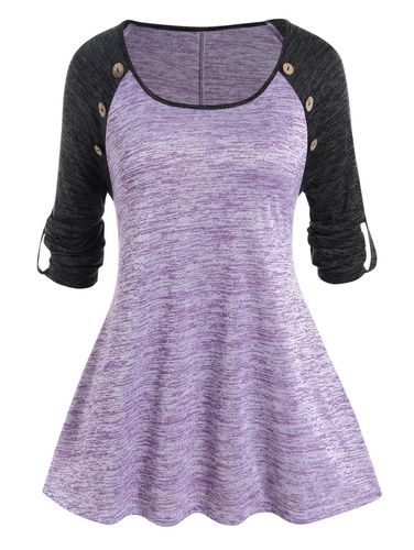 Dresslily Fashion Women Plus Size T Shirt Colorblock T Shirt Space Dye Mock Button Roll Up Sleeve Casual Tee Clothing L - DressLily.com - Modalova