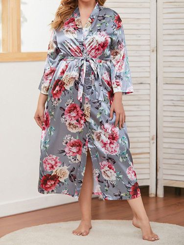 Cheap Women Plus Size Sleepwear Flower Print Belted Three Quater Sleeve Wrap Sleepwear Clothing Online 3xl - DressLily.com - Modalova