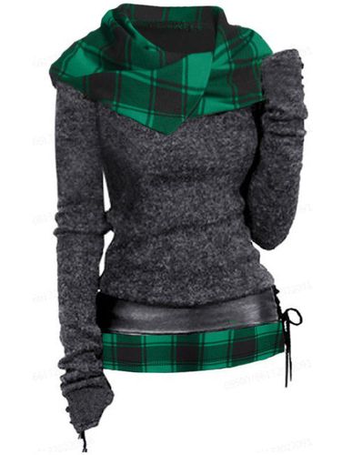 Women Plaid Print Hooded Knit Top Long Sleeve Surplice Hood Knitted Top With Lace-up Belt Clothing L - DressLily.com - Modalova