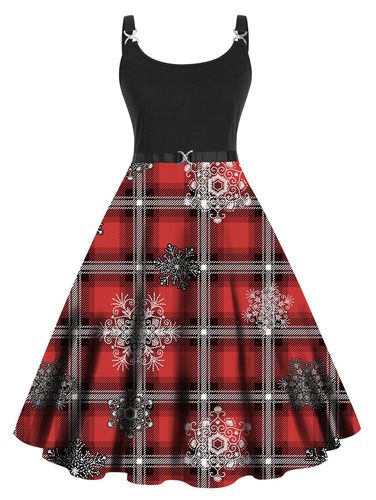 Dresslily Plus Size Dress Christmas Dress Snowflake Plaid Print High Waisted Twisted A Line Midi Dress - DressLily.com - Modalova
