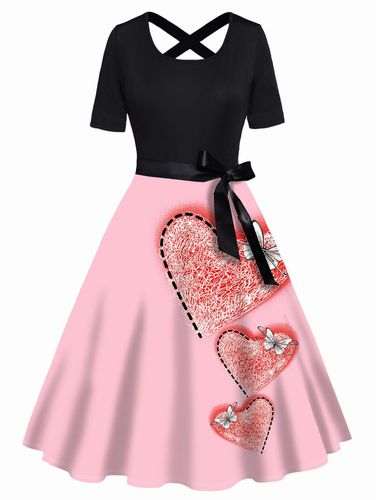 Dresslily Women Valentine Dress Heart Butterfly Print Dress Belted Crisscross Short Sleeve High Waisted A Line Midi Dress Clothing Xl - DressLily.com - Modalova