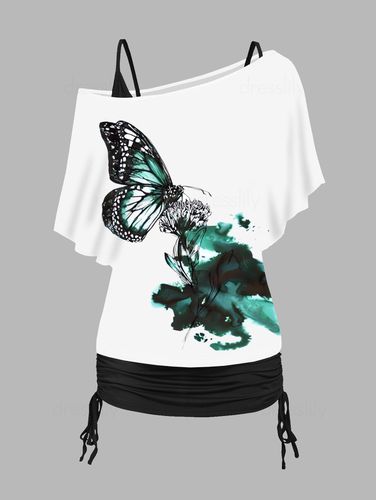 Women Butterfly Flower Print Ink Painting Skew Neck T Shirt And Cinched Ruched Long Tank Top Colorblock Set Clothing S - DressLily.com - Modalova