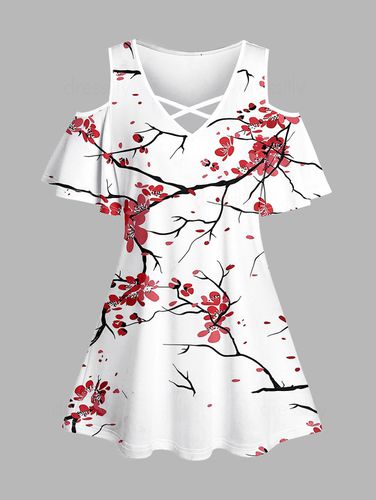 Women Floral Print Cold Shoulder T-shirt Crisscross V Neck Short Sleeve Tee Clothing M - DressLily.com - Modalova