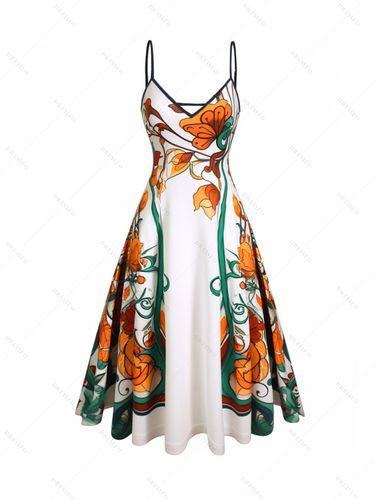 Dresslily Women Vacation Flower Print Sundress Spaghetti Strap Sleeveless A Line Dress Clothing M - DressLily.com - Modalova