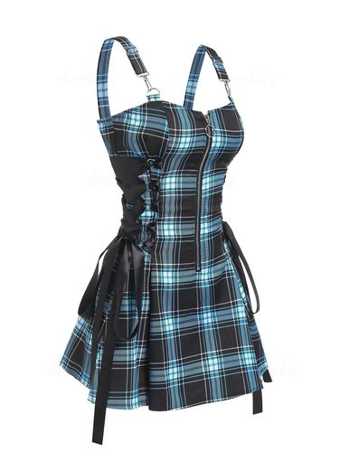 Vintage Plaid Print Mini Dress Lace Up Dress O Ring Half Zipper Strap Sleeveless Dress - DressLily.com - Modalova