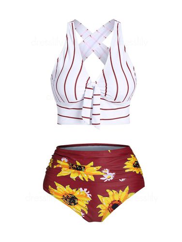 Dresslily Women Tummy Control Bikini Swimsuit Sunflower Striped Print Bathing Suit Knotted Cross Ruched Contrast Bathing Suit Swimsuit Xl - DressLily.com - Modalova