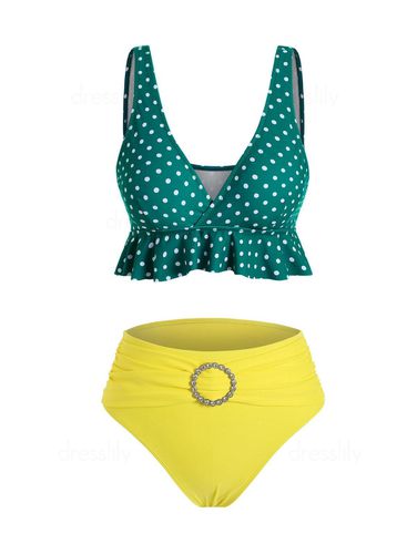 Dresslily Women Polka Dot Rhinestones Ruffles Tankini Swimwear Swimsuit S - DressLily.com - Modalova