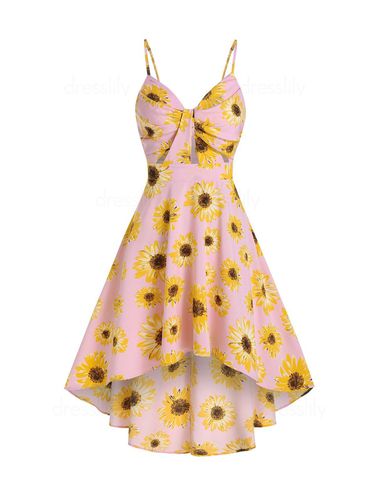 Women Vacation Sunflower Print Sundress Spaghetti Strap Summer High Low A Line Dress Clothing M - DressLily.com - Modalova