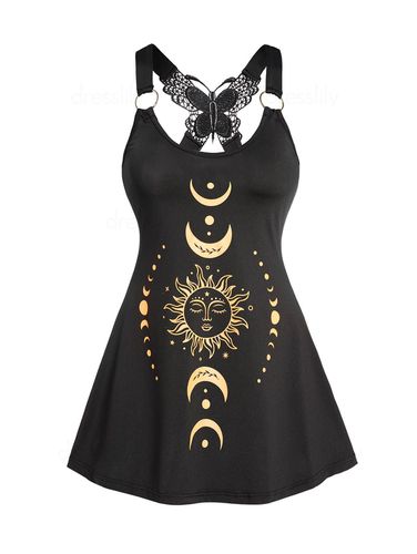 Dresslily Women Celestial Sun Moon Phase Print Tank Top Butterfly Lace O Ring Strap Tank Top Clothing S - DressLily.com - Modalova