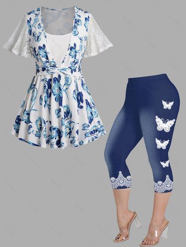 Dresslily Plus Size Flower Allover Print Lace Top and Butterfly 3D Print Cropped Leggings Casual Outfit L - DressLily.com - Modalova