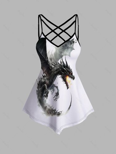 Dresslily Women Dragon Print Tank Top Adjustable Lattice Strap Asymmetrical Hem Top Clothing L - DressLily.com - Modalova