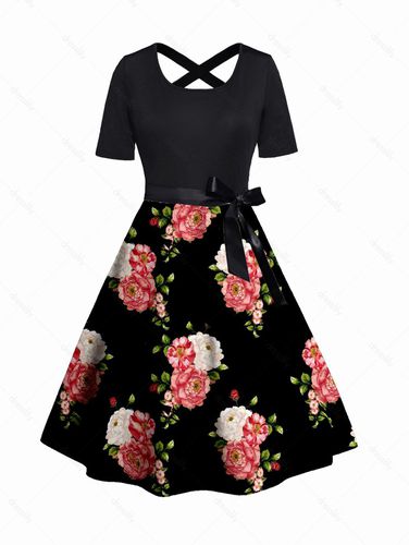 Dresslily WomenFRDresslily Plus Size Flower Print Belt Dress Crisscross A Line Casual Midi Dress Clothing Online 4x - DressLily.com - Modalova