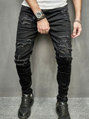 Men Jean Ripped Distressed Jeans Dark Wash Pockets Denim Pants Clothing Online 30 - DressLily.com - Modalova