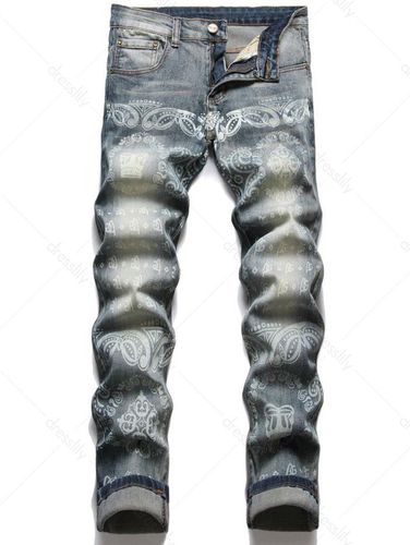Men Jean Ethnic Pattern Jeans Faded Straight Middle Waist Casual Denim Pants Clothing Online 32 - DressLily.com - Modalova