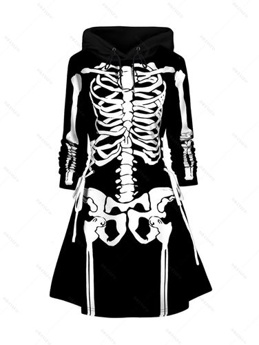 Dresslily Women Halloween Skeleton Print Colorblock Hoodie Dress Lace Up A Line Mini Dress Clothing Xxl - DressLily.com - Modalova