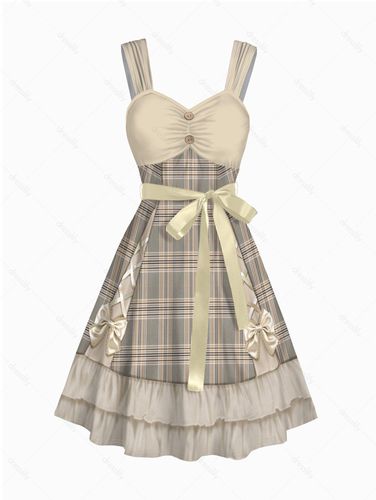 Dresslily Women Check 3D Print Belt Dress Sleeveless Mock Button Casual Mini Dress Clothing S / us 4 - DressLily.com - Modalova