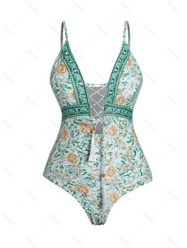 Dresslily Women Ethnic Print Lattice One-piece Swimsuit Tassel Adjustable Strap Beach Vacation Swimwear Beachwear S - DressLily.com - Modalova