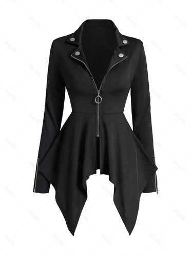 Women O Ring Zip Up Asymmetrical Hem Punk Coat Solid Color Mock Button Handkerchief Coat Clothing S - DressLily.com - Modalova