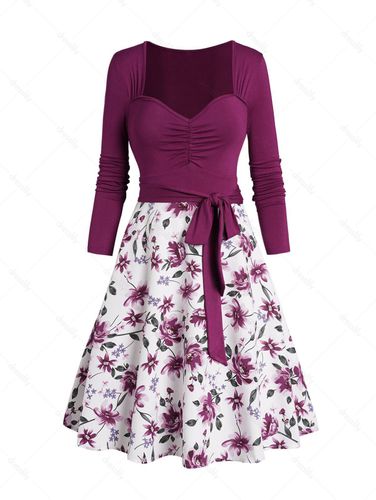 Dresslily Women Floral Print Ruched Belt Dress Sweetheart Collar A Line Mini Dress Clothing S - DressLily.com - Modalova