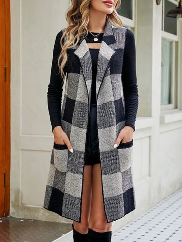 Women Check Pattern Long Knit Vest Cardigan Open Front Pocket Patches Lapel Collar Knitted Vest Clothing S / us 4 - DressLily.com - Modalova