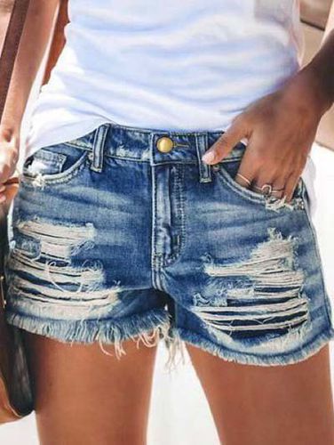 Women Destroyed Jeans Shorts Zipper Fly Pockets Frayed Hem Ripped Denim Shorts Clothing Xl - DressLily.com - Modalova