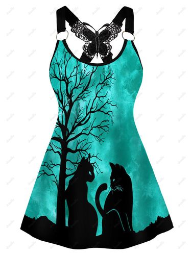Dresslily Women Tops Tree Cat Print Gothic Tank Top Butterfly Lace Insert O Ring Tank Top Clothing Online L - DressLily.com - Modalova