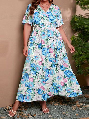 Fashion Women Plus Size Vacation Dress Allover Leaf Flower Print Surplice High Waisted Belted A Line Maxi Dress Clothing 1xl - DressLily.com - Modalova