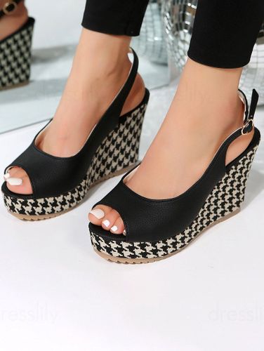 Fashion Women's Houndstooth Colorblock Wedge Heels Buckle Strap Outdoor Sandals - DressLily.com - Modalova