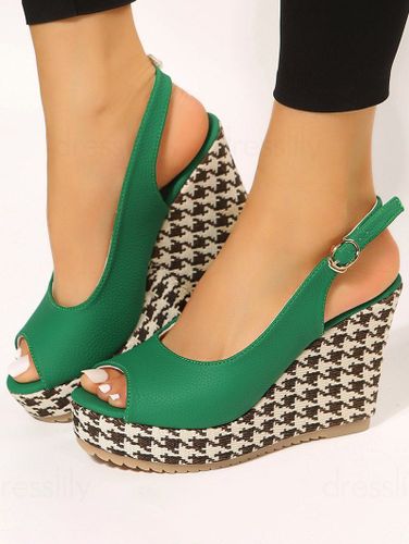 Fashion Women's Houndstooth Colorblock Wedge Heels Buckle Strap Outdoor Sandals - DressLily.com - Modalova