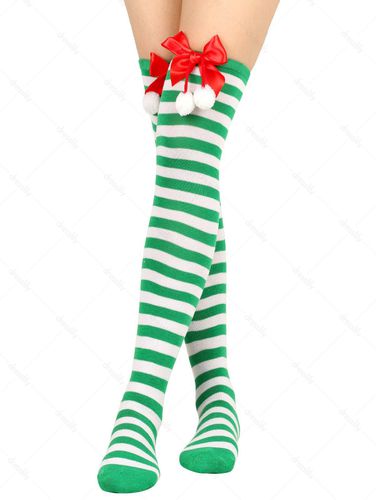 Pair Christmas Contrast Stripe Bowknot Fuzzy Balls Over Knee Stockings - DressLily.com - Modalova