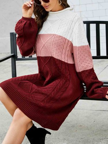 Women Contrast Colorblock Cable Knit Sweater Dress Long Sleeve Ribbed Hem Mini Sweater Dress Clothing L / us 8 - DressLily.com - Modalova