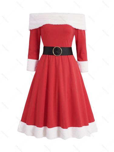 Women Christmas Off The Shoulder Belted Mini Dress Contrast Faux Fur A Line Dress Clothing L / us 8-10 - DressLily.com - Modalova