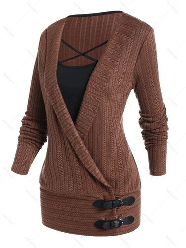 Women Stripe Leaf Textured Knit Faux Twinset Top Crisscross Buckles Surplice Long Sleeve Knitted 2 In 1 Top Clothing M - DressLily.com - Modalova