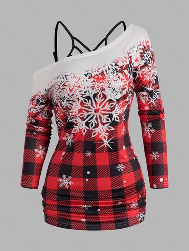 Dresslily Fashion Women Christmas Snowflake Print Skew Collar Long Sleeve Top And Crisscross Plain Camisole Two Piece Set - DressLily.com - Modalova