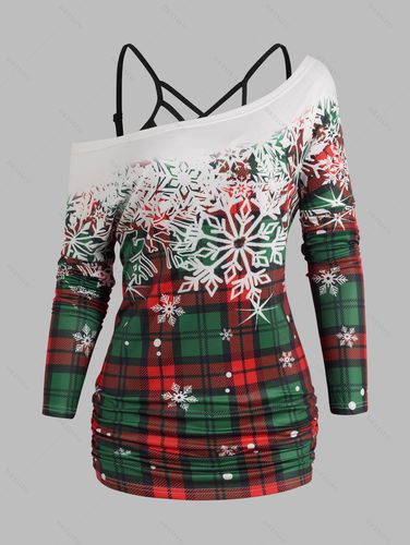 Dresslily Fashion Women Christmas Snowflake Print Skew Collar Long Sleeve Top And Crisscross Plain Camisole Two Piece Set - DressLily.com - Modalova
