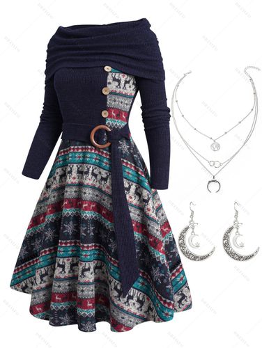 Dresslily Christmas Elk Snowflake Tribal Graphic Knit Dress And Hollow Out Earrings Layered Chain Necklace Outfit S / us 4 - DressLily.com - Modalova
