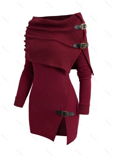 Dresslily Women Open Shoulder Knit Foldover Top Long Sleeve Buckle Strap Solid Color Top Clothing S / us 4 - DressLily.com - Modalova