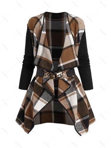 Women Long Sleeve Panel Textured Overcoat Plaid Colorblock Hem Overcoat S / us 4 - DressLily.com - Modalova