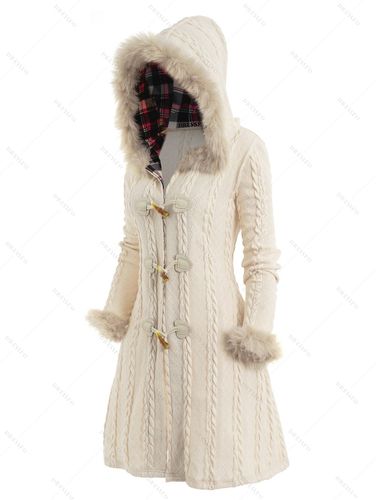 Women Cable Knit Plaid Faux Fur Panel Hooded Coat Horn Button Long Knitted Coat L / us 8-10 - DressLily.com - Modalova