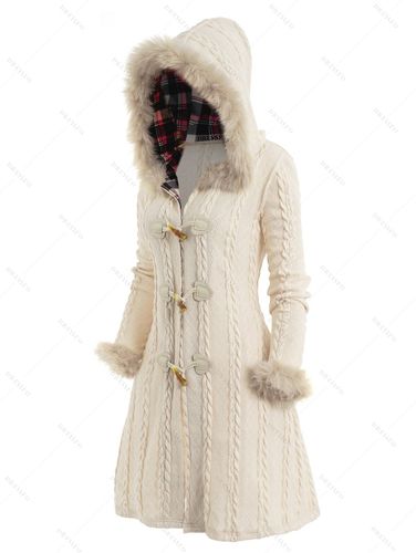 Women Cable Knit Plaid Faux Fur Panel Hooded Coat Horn Button Long Knitted Coat S / us 4 - DressLily.com - Modalova
