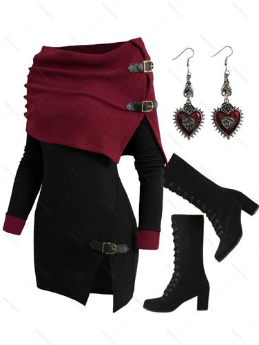 Dresslily Open Shoulder Knit Foldover Top Buckle Strap Top And Lace Up Mid Calf Boots Gothic Earrings Outfit S / us 4 - DressLily.com - Modalova