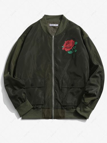 Mens Rose Flower Pattern Print Flap Pocket Zip Up Baseball Bomber Jacket L - ZAFUL - Modalova