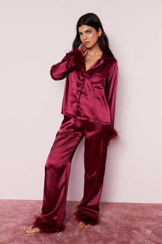 Womens Satin Feather Pajama Shirt and trousers Set - - 10 - Nasty Gal - Modalova