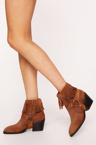 Womens Tarnished Suede Fringe Harness Ankle Cowboy Boots - - 4 - Nasty Gal - Modalova