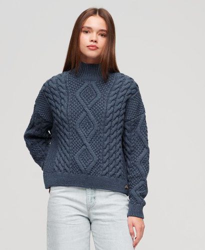 Women's Aran Cable Knit Polo Jumper Navy / Vintage Denim Blue - Size: 8 - Superdry - Modalova