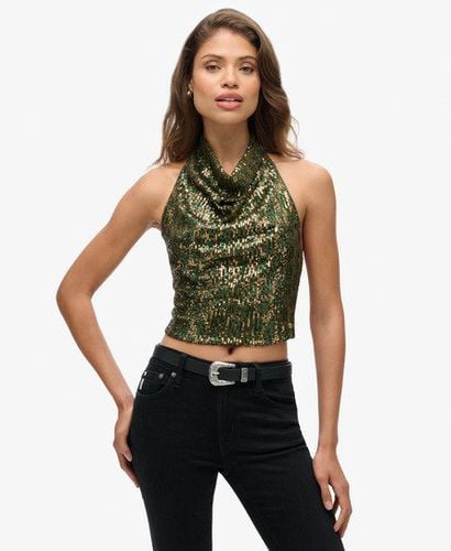 Women's Cowl Halter Neck Sequin Top Green / Green Gold Sequin - Size: 10 - Superdry - Modalova