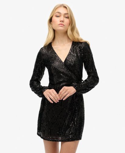 Women's Sequin Wrap Mini Dress Black / Black Angle Sequins - Size: 10 - Superdry - Modalova