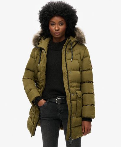 Women's Everest Mid Faux Fur Puffer Jacket Green / Dark Olive - Size: 10 - Superdry - Modalova