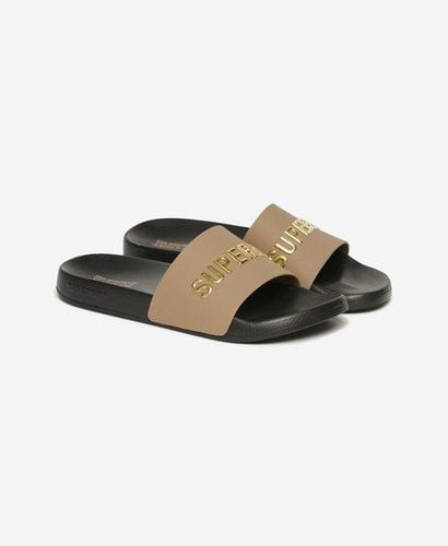 Women's Vegan Logo Pool Sliders Brown / Black/Fossil Brown/Metallic Gold - Size: 3-4 - Superdry - Modalova